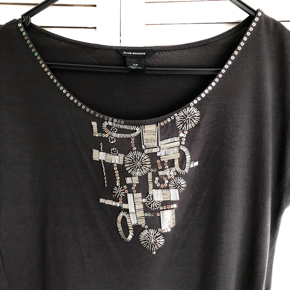 Club Monaco T Shirt Women Short Cap Sleeve Stretch Sequins Casual Top Grey Sz Ps